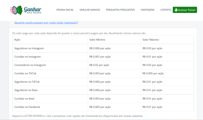 Tabela Valores pagos GanharnoInsta